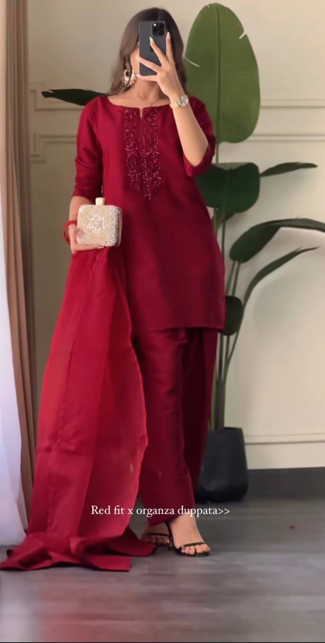 Editorial Deep Red Silk Co-ord